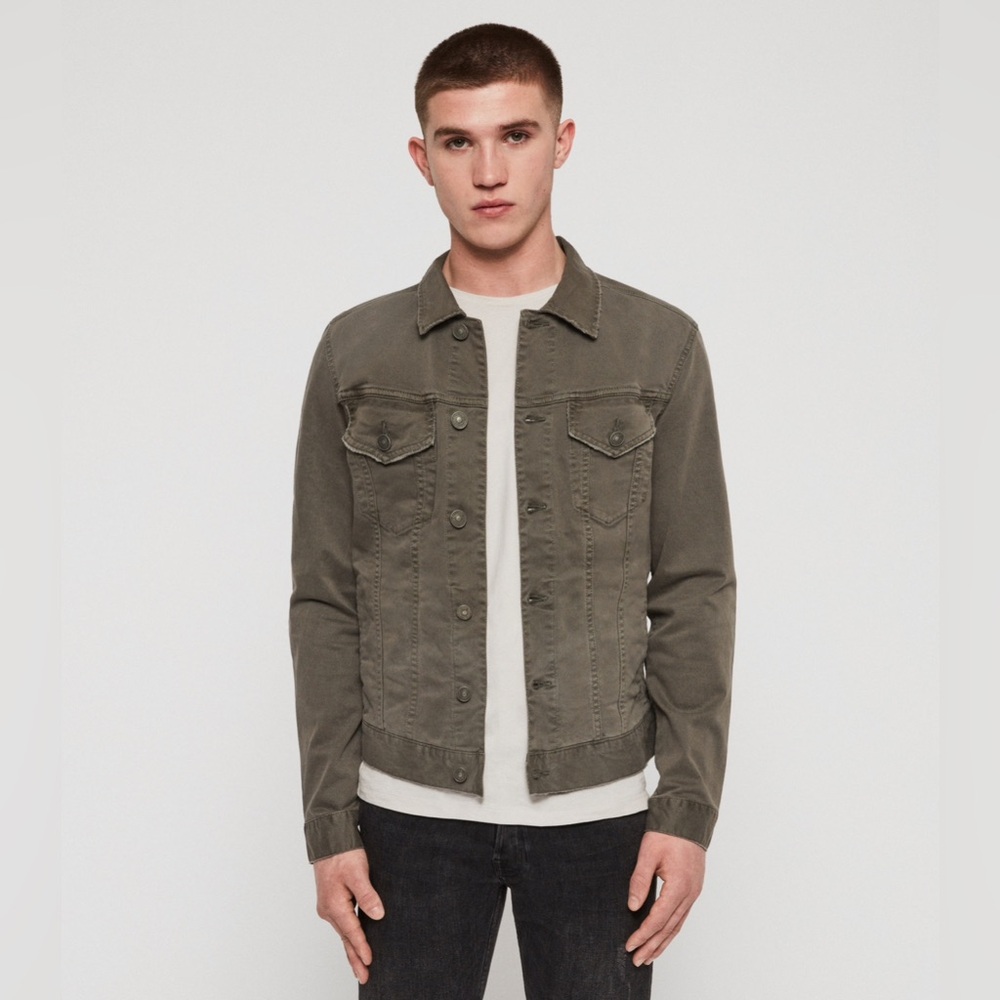 NEW AllSaints Denim Trucker Jacket BELIZE Medium with Tags Khaki
